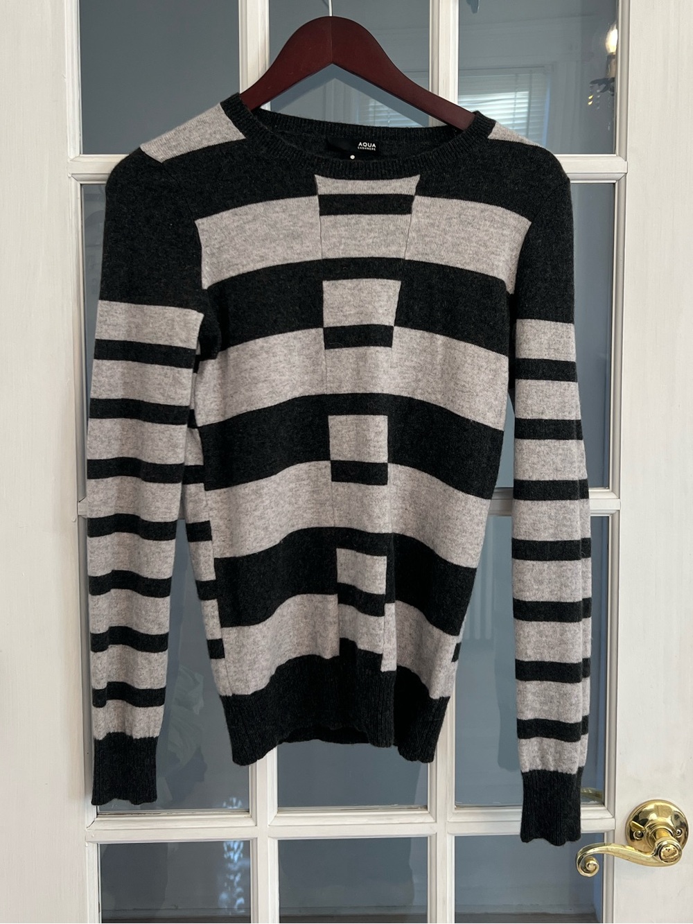 AQUA 100% Cashmere Women's Black & Gray Striped Crewneck Sweater Size XS